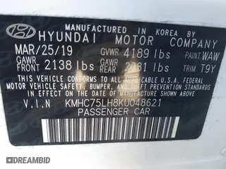 2019 Hyundai Ioniq Electric with VIN KMHC75LH8KU048621, listed as a IAAI auction lot 41998284 with 59,780 mi miles. Bid and sale history available at carsss.com. Image 9.