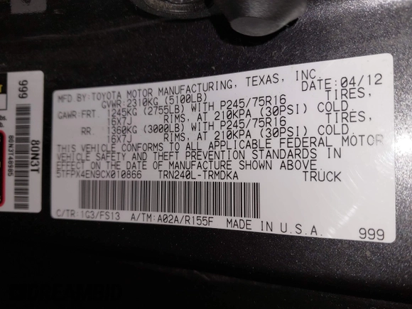 2012 Toyota Tacoma with VIN 5TFPX4EN9CX010866, listed as a IAAI auction lot 41824379 with 78,862 mi miles and . Bid and sale history available at DreamBid. Image 9.