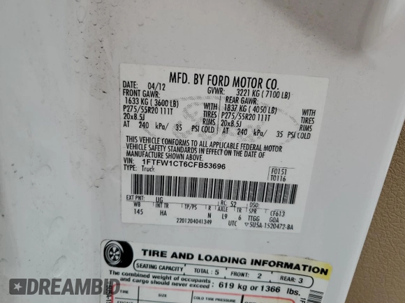 2012 Ford F-150 XL with VIN 1FTFW1CT6CFB53696, listed as a Copart auction lot 46341755 with 170,024 mi miles and Salvage Title. Bid and sale history available at carsss.com. Image 12.