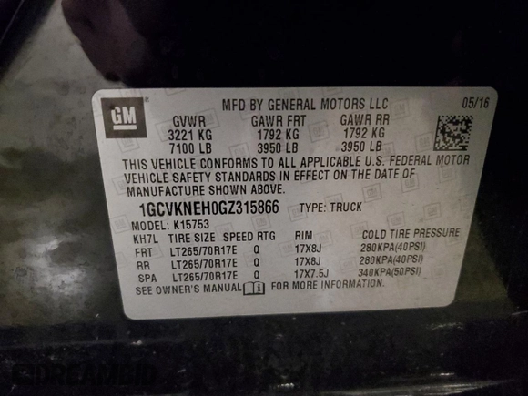 2016 Chevrolet Silverado 1500 Work Truck with VIN 1GCVKNEH0GZ315866, listed as a Copart auction lot 77885334 with 203,221 mi miles and Salvage Title. Bid and sale history available at carsss.com. Image 12.