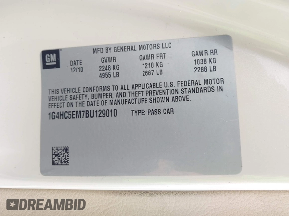 2011 Buick Lucerne CXL with VIN 1G4HC5EM7BU129010, listed as a IAAI auction lot 42210856 with 211,194 mi miles and . Bid and sale history available at DreamBid. Image 9.