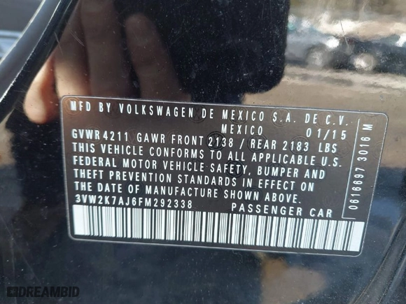 2015 Volkswagen Jetta Sedan 2.0L S with VIN 3VW2K7AJ6FM292338, listed as a IAAI auction lot 41742083 with 138,549 mi miles. Bid and sale history available at carsss.com. Image 9.
