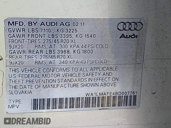 2011 Audi Q7 Premium Plus with VIN WA1LMAFE4BD007761, listed as a IAAI auction lot 42226878 with 171,005 mi miles and . Bid and sale history available at DreamBid. Image 9.