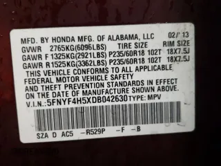 2013 Honda Pilot EX-L with VIN 5FNYF4H5XDB042630, listed as a Copart auction lot 46107285 with 178,504 mi miles and Salvage Title. Bid and sale history available at carsss.com. Image 13.