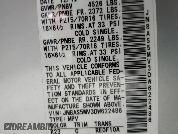 2013 Nissan Rogue S with VIN JN8AS5MV3DW622486, listed as a Copart auction lot 47287065 with 112,347 mi miles and Salvage Title. Bid and sale history available at DreamBid. Image 16.