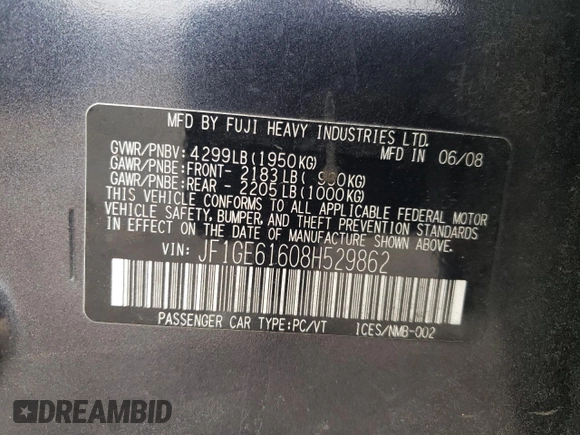 2008 Subaru Impreza i с VIN JF1GE61608H529862, выставлен на аукционе Copart как лот 56716605 с пробегом 137 433 миль миль и Списание • Salvage title. История ставок и продаж доступна на DreamBid. Изображение 12.