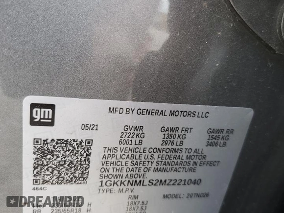 2021 GMC Acadia SLT with VIN 1GKKNMLS2MZ221040, listed as a Copart auction lot 53948075 with 60,305 mi miles and Salvage Title. Bid and sale history available at DreamBid. Image 13.