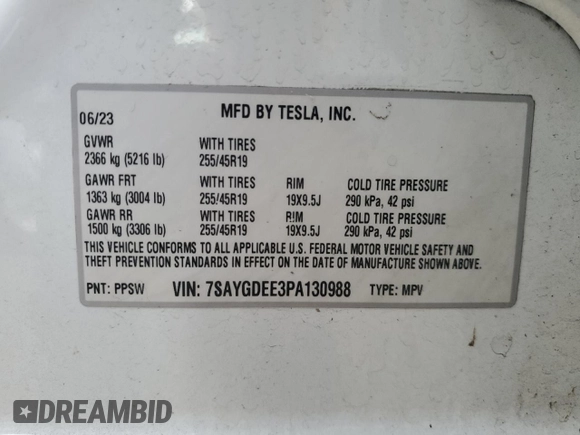2023 Tesla Model Y Long Range with VIN 7SAYGDEE3PA130988, listed as a Copart auction lot 42172185 with 112,136 mi miles and Salvage Title. Bid and sale history available at DreamBid. Image 14.