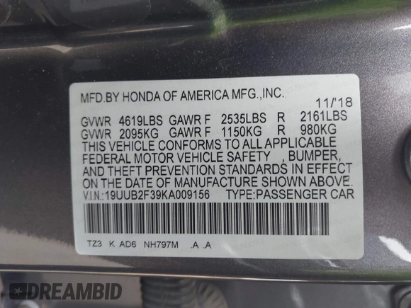 2019 Acura TLX with VIN 19UUB2F39KA009156, listed as a IAAI auction lot 41777615 with 111,540 mi miles and . Bid and sale history available at DreamBid. Image 9.