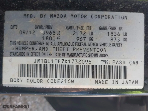 2013 Mazda Mazda3 i SV with VIN JM1BL1TF7D1732096, listed as a IAAI auction lot 41791868 with 121,471 mi miles. Bid and sale history available at carsss.com. Image 9.