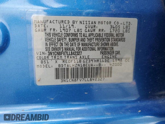 2020 Nissan Versa SR z VIN 3N1CN8FV7LL842327, wystawiony jako Copart lot #56520295 z przebiegiem 139 351 mil mil oraz Szkoda całkowita • Salvage title. Historia ofert i sprzedaży dostępna na DreamBid. Obrazek 13.