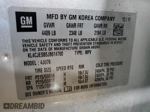 2018 Buick Encore Preferred with VIN KL4CJESB5JB614760, listed as a Copart auction lot 47312985 with 43,325 mi miles and Salvage Title. Bid and sale history available at DreamBid. Image 13.