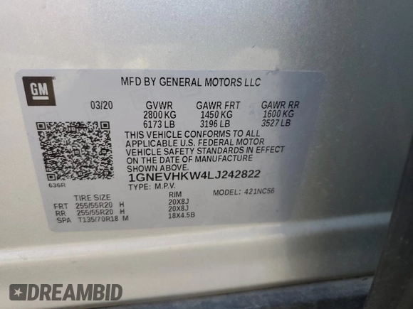 2020 Chevrolet Traverse LT Leather with VIN 1GNEVHKW4LJ242822, listed as a Copart auction lot 67163863 with 108,230 mi miles. Bid and sale history available at carsss.com. Image 12.