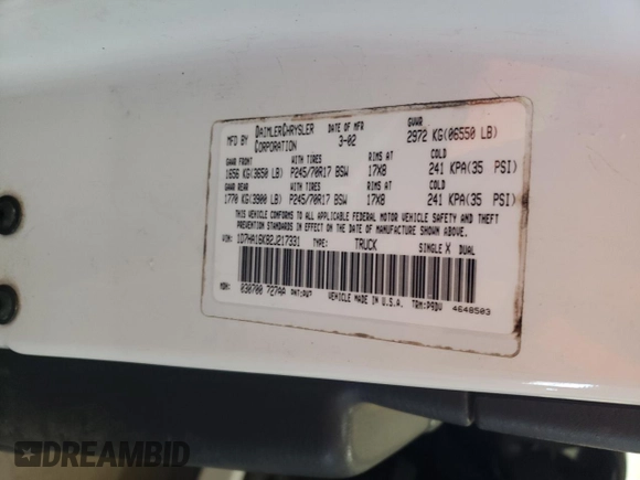 2002 Dodge 1500 z VIN 1D7HA16K82J217331, wystawiony jako Copart lot #54049875 z przebiegiem 71 046 mil mil oraz Nie do naprawy • Non repairable. Historia ofert i sprzedaży dostępna na DreamBid. Obrazek 12.