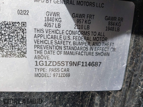 2022 Chevrolet Malibu LT with VIN 1G1ZD5ST9NF114687, listed as a IAAI auction lot 37247438 with 34,935 mi miles and . Bid and sale history available at DreamBid. Image 9.