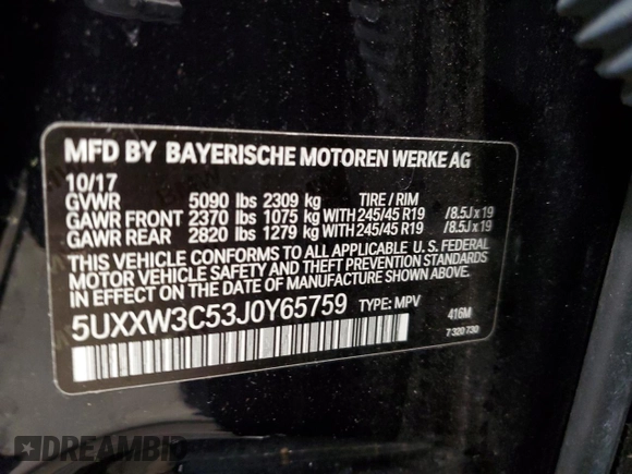 2018 BMW X4 xDrive28i with VIN 5UXXW3C53J0Y65759, listed as a Copart auction lot 52845995 with 109,965 mi miles and Salvage title. Bid and sale history available at DreamBid. Image 13.