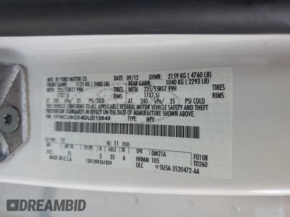 2013 Ford Escape SE with VIN 1FMCU9GX4DUB19849, listed as a Copart auction lot 53501905 with 98,499 mi miles and Clean Title. Bid and sale history available at carsss.com. Image 14.