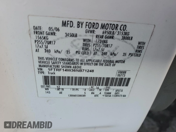 2006 Ford F-150 XL with VIN 1FTRF14W36NB71248, listed as a Copart auction lot 87207714 with 224,306 mi miles and Clean Title. Bid and sale history available at carsss.com. Image 12.
