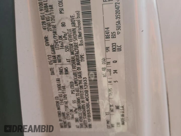 2012 Ford Econoline Passenger XL с VIN 1FBSS3BL4CDB13933, выставлен на аукционе Copart как лот 50081895 с пробегом 127 706 миль миль и Списание • Salvage title. История ставок и продаж доступна на DreamBid. Изображение 12.