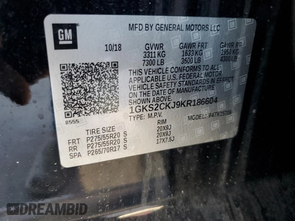 2019 GMC Yukon Denali with VIN 1GKS2CKJ9KR186604, listed as a Copart auction lot 82201124 with 110,069 mi miles and Salvage Title. Bid and sale history available at DreamBid. Image 13.