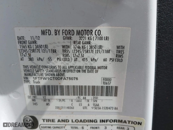 2013 Ford F-150 XL with VIN 1FTFW1CT0DFA75076, listed as a IAAI auction lot 41994432 with 490,261 mi miles. Bid and sale history available at carsss.com. Image 9.