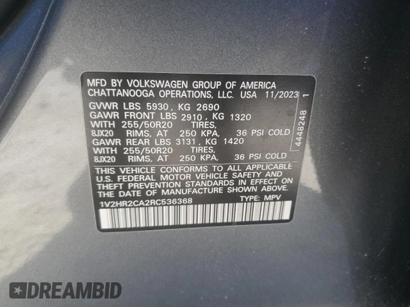 2024 Volkswagen Atlas SE with VIN 1V2HR2CA2RC536368, listed as a Copart auction lot 53490425 with 15,331 mi miles and Salvage title. Bid and sale history available at DreamBid. Image 13.