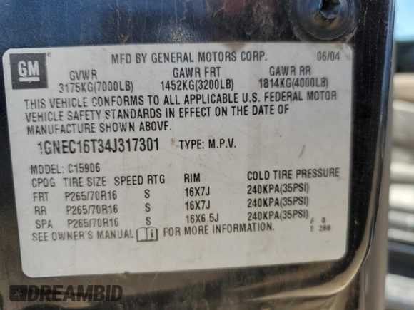 2004 Chevrolet Suburban LS z VIN 1GNEC16T34J317301, wystawiony jako Copart lot #57801655 z przebiegiem 269 929 mil mil oraz Czysty tytuł • Clean title. Historia ofert i sprzedaży dostępna na DreamBid. Obrazek 13.
