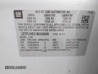 2011 GMC Terrain SLT-2 with VIN 2CTFLWE51B6288943, listed as a IAAI auction lot 42167891 with 180,314 mi miles and . Bid and sale history available at carsss.com. Image 9.