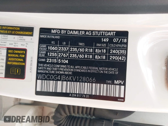 2019 Mercedes-Benz GLC 300 with VIN WDC0G4JB6KV128066, listed as a IAAI auction lot 42099576 with 80,833 mi miles and . Bid and sale history available at DreamBid. Image 9.