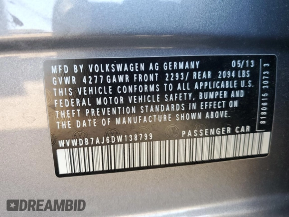 2013 Volkswagen Golf с VIN WVWDB7AJ6DW138799, выставлен на аукционе Copart как лот 73238364 с пробегом 52 803 миль миль и Списание • Salvage title. История ставок и продаж доступна на DreamBid. Изображение 12.