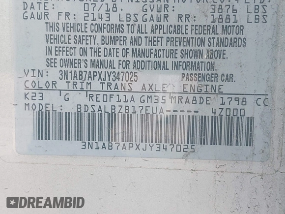 2018 Nissan Sentra S with VIN 3N1AB7APXJY347025, listed as a IAAI auction lot 41846034 with 77,892 mi miles and . Bid and sale history available at DreamBid. Image 9.