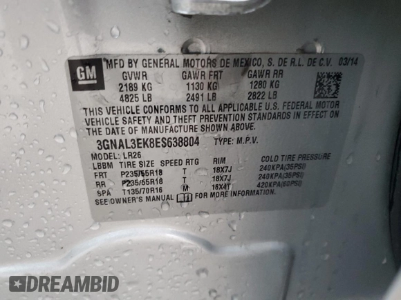2014 Chevrolet Captiva Sport LT with VIN 3GNAL3EK8ES638804, listed as a Copart auction lot 78991354 with 97,660 mi miles and Clean Title. Bid and sale history available at DreamBid. Image 12.