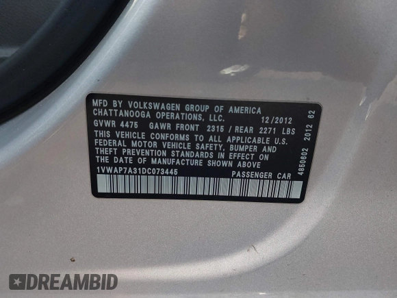 2013 Volkswagen Passat S with VIN 1VWAP7A31DC073445, listed as a IAAI auction lot 41776843 with 212,259 mi miles and . Bid and sale history available at DreamBid. Image 9.