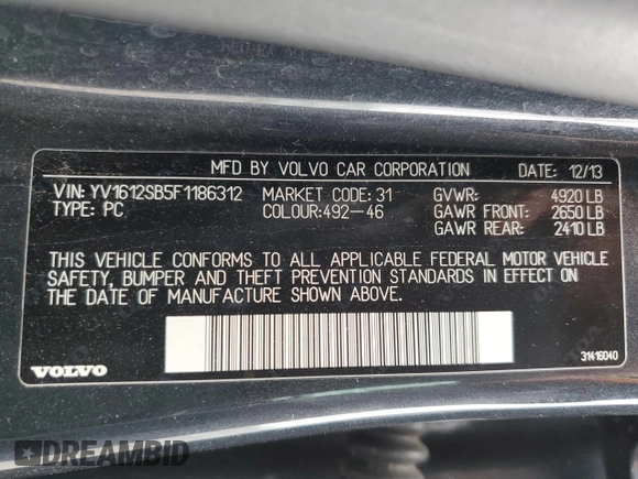 2015 Volvo V60 with VIN YV1612SB5F1186312, listed as a Copart auction lot 58552405 with 77,610 mi miles and Salvage title. Bid and sale history available at DreamBid. Image 13.