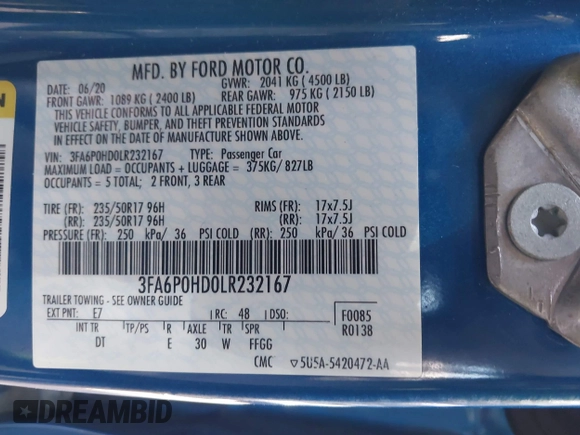 2020 Ford Fusion SE with VIN 3FA6P0HD0LR232167, listed as a IAAI auction lot 41814767 with 55,288 mi miles and . Bid and sale history available at DreamBid. Image 9.