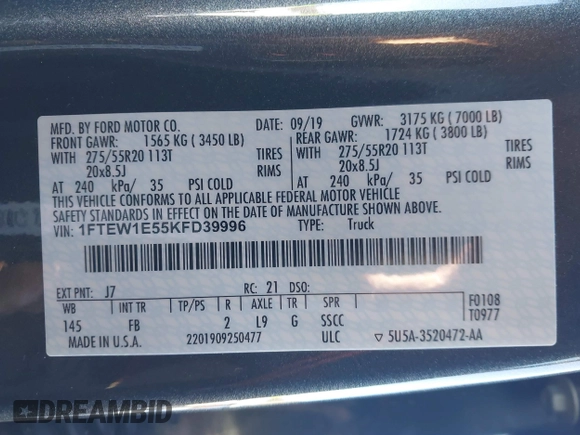 2019 Ford F-150 XL with VIN 1FTEW1E55KFD39996, listed as a IAAI auction lot 41327273 with 28,220 mi miles. Bid and sale history available at carsss.com. Image 9.