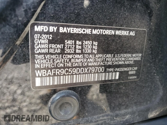 2013 BMW 5 Series 550i with VIN WBAFR9C59DDX79700, listed as a Copart auction lot 48565275 with 115,971 mi miles and Clean Title. Bid and sale history available at carsss.com. Image 12.