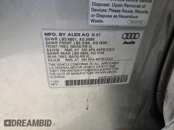 2008 Audi Q7 Premium with VIN WA1BY94L88D030839, listed as a Copart auction lot 61220855 with 192,790 mi miles and Salvage title. Bid and sale history available at DreamBid. Image 13.