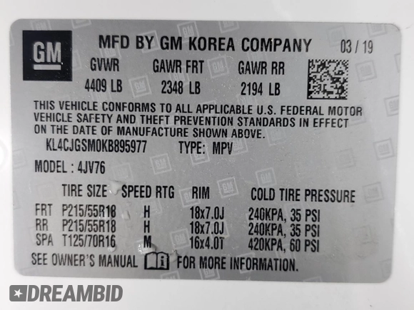 2019 Buick Encore Essence with VIN KL4CJGSM0KB895977, listed as a Copart auction lot 68799364 with 57,052 mi miles and Clean Title. Bid and sale history available at DreamBid. Image 14.
