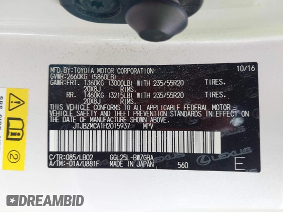 2017 Lexus RX with VIN JTJBZMCA1H2015937, listed as a IAAI auction lot 41735167 with 47,410 mi miles. Bid and sale history available at carsss.com. Image 9.