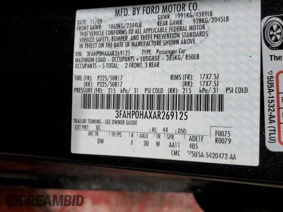 2010 Ford Fusion SE with VIN 3FAHP0HAXAR269125, listed as a Copart auction lot 83340344 with 82,466 mi miles and Clean Title. Bid and sale history available at DreamBid. Image 12.