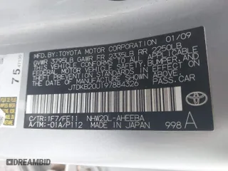 2009 Toyota Prius with VIN JTDKB20U197884326, listed as a IAAI auction lot 41729549 with 1 mi miles. Bid and sale history available at carsss.com. Image 9.