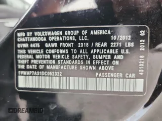 2013 Volkswagen Passat S with VIN 1VWAP7A31DC052322, listed as a Copart auction lot 59545255 with 140,760 mi miles and Salvage title. Bid and sale history available at DreamBid. Image 12.