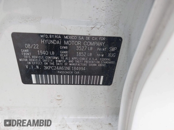 2022 Hyundai Accent SE with VIN 3KPC24A61NE184994, listed as a IAAI auction lot 41952958 with 18,851 mi miles and . Bid and sale history available at carsss.com. Image 9.