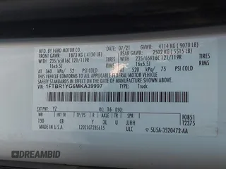 2021 Ford Transit with VIN 1FTBR1YG6MKA39997, listed as a IAAI auction lot 42228463 with 38,559 mi miles and . Bid and sale history available at DreamBid. Image 9.
