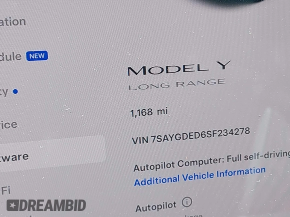 2025 Tesla Model Y Long Range with VIN 7SAYGDED6SF234278, listed as a IAAI auction lot 41781695 with 1,168 mi miles and . Bid and sale history available at DreamBid. Image 14.