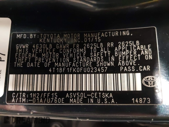 2015 Toyota Camry XLE z VIN 4T1BF1FK0FU023457, wystawiony jako IAAI lot #42333323 z przebiegiem 272 834 mil mil oraz . Historia ofert i sprzedaży dostępna na DreamBid. Obrazek 9.