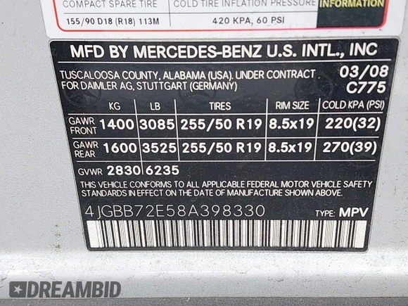 2008 Mercedes-Benz M 550 with VIN 4JGBB72E58A398330, listed as a IAAI auction lot 41151280 with 111,591 mi miles and . Bid and sale history available at carsss.com. Image 9.