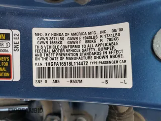 2008 Honda Civic LX z VIN 1HGFA16518L114472, wystawiony jako Copart lot #58499315 z przebiegiem 113 737 mil mil oraz Szkoda całkowita • Salvage title. Historia ofert i sprzedaży dostępna na DreamBid. Obrazek 12.