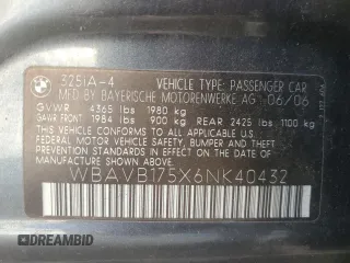 2006 BMW 3 Series 325i z VIN WBAVB175X6NK40432, wystawiony jako Copart lot #76730424 z przebiegiem 168 119 mil mil oraz Szkoda całkowita • Salvage title. Historia ofert i sprzedaży dostępna na DreamBid. Obrazek 12.